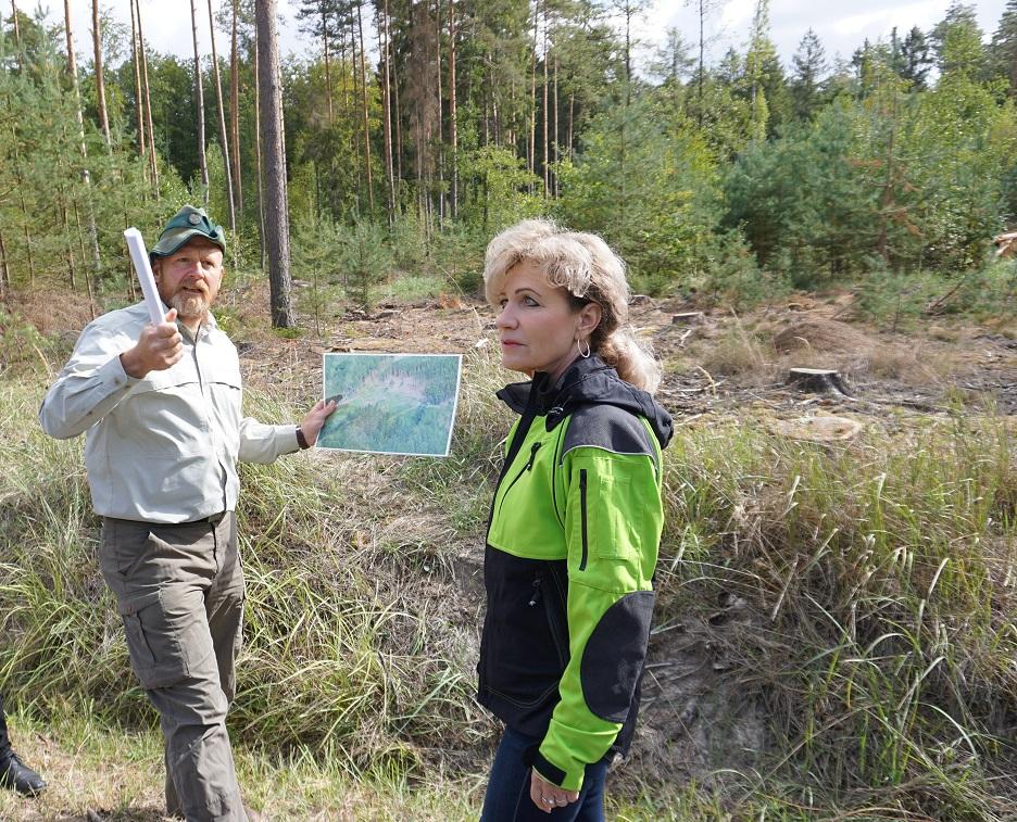 Forstamtsleiter Lars Wollschläger (li.) erläutert Forstministerin Birgit Keller an einer aktuellen Schadfläche mögliche naturgemäße Wiederbewaldungsstrategien